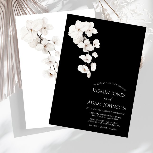 Convite Casamento Formal de Orquídeas Negra e Branca (Modern Black and White Orchids Flowers Wedding Invitation)