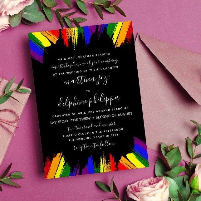 Convite Casamento Formal de Paint Strokes Pride Flag LGBT  (Criador carregado)