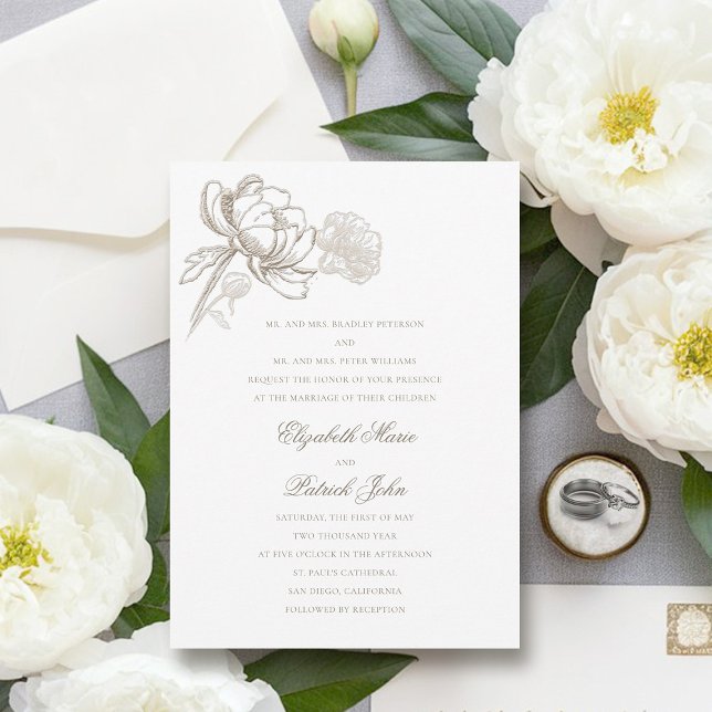 Convite Casamento Formal de Pais Formais de Pessoas Embarc (peony wedding invitation formal traditional elegant calligraphy modern classic parents host)