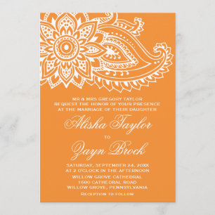 Convite Casamento Formal de Paisley Indiano Laranja