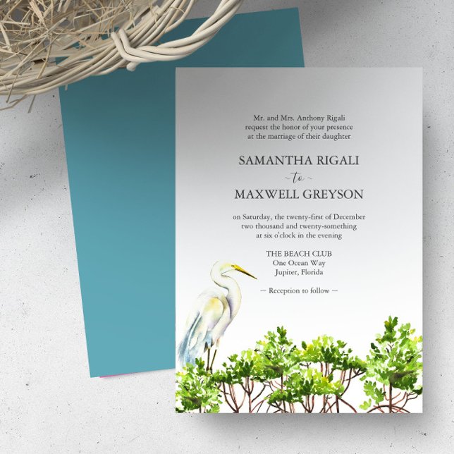 Convite Casamento Formal de Pássaros Aquarela Tropical (Destination wedding invitations watercolor great white heron and mangroves art Victoria Grigaliunas)