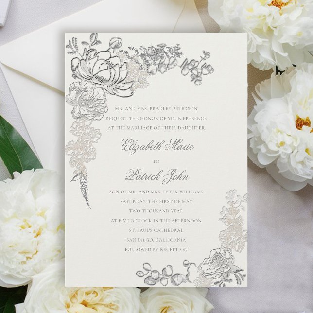 Convite Casamento Formal de Pérolas de Faux Embriagados (peony wedding invitation floral frame formal traditional elegant calligraphy modern classic pearl)