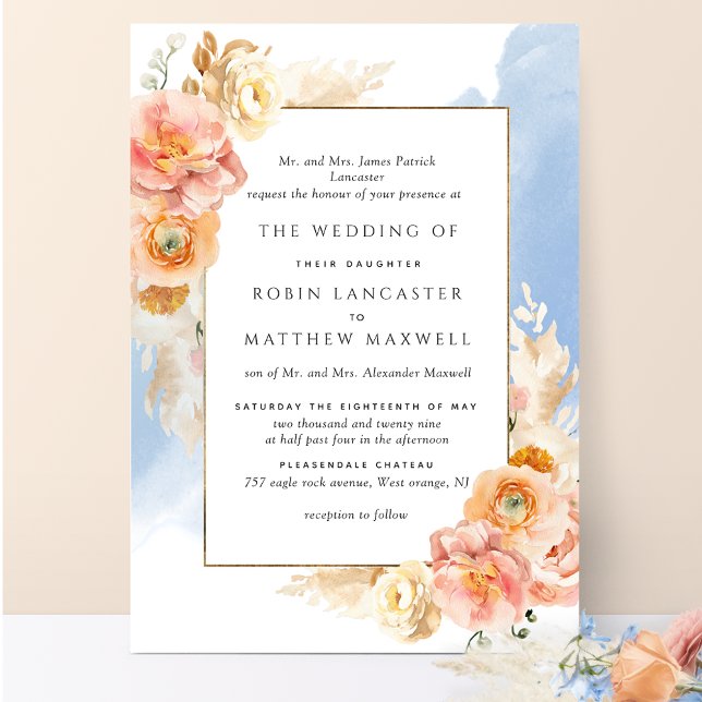 Convite Casamento Formal De Pêssego Blush Floral Blue Wate (Criador carregado)