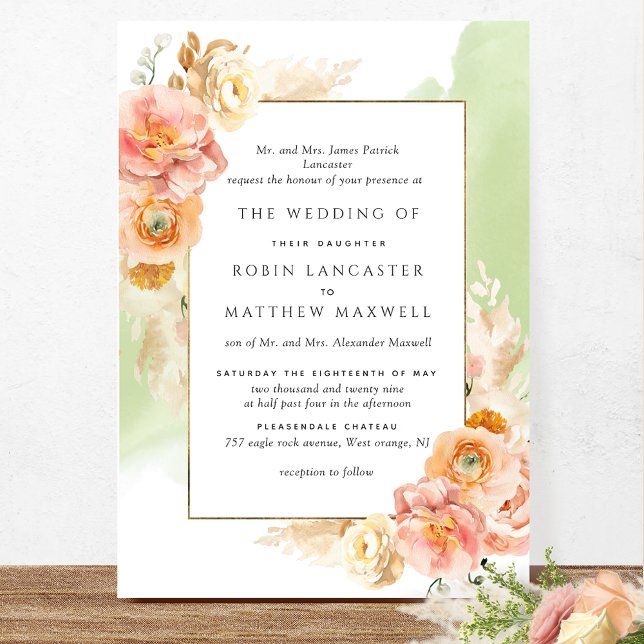 Convite Casamento Formal De Pêssego Blush Floral Verde (Criador carregado)