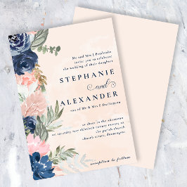 Convite Casamento Formal de Pêssego Elegante e Flor Azul