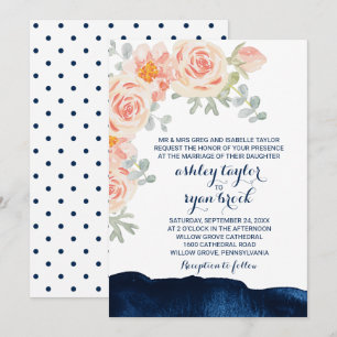Convite Casamento Formal de Pêssego Floral Rosa e Marinho