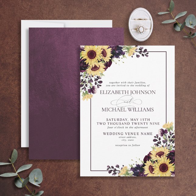 Convite Casamento Formal de Plum Purple Sunflower Watercol (Criador carregado)