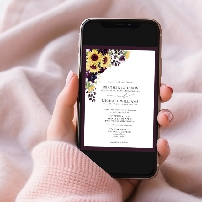 Convite Casamento Formal de Plum Purple Sunflower Watercol (Criador carregado)