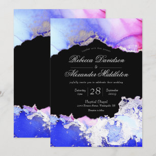 Convite Casamento Formal de Prata Púrpura Azul Elegante