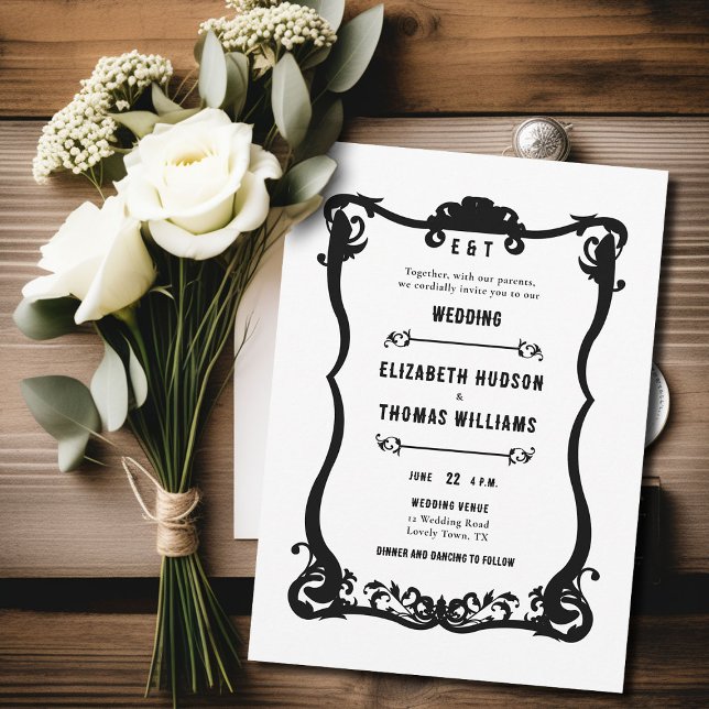 Convite Casamento Formal de Quadro Branco Negro Ocidental (country western black and white wedding invitation vintage frame formal elegant modern ranch barn)