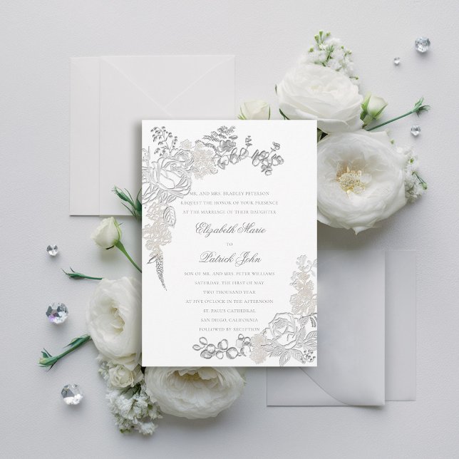 Convite Casamento Formal de Rosas Embalados Faux (faux embossed wedding invitation roses floral frame formal traditional elegant modern classic)