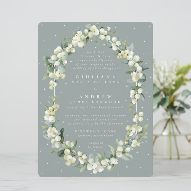 Convite Casamento Formal de Snowberry+Eucalyptus (Em pé/Frente)