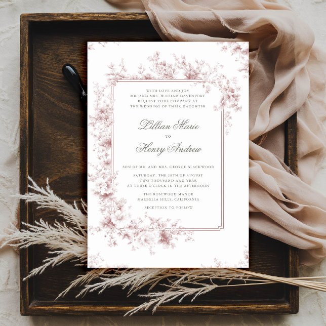 Convite Casamento Formal De Túnel Rosa Chateau, Jardim De  (vintage garden wedding invitation chateau dusty pink toile floral old money formal traditional chic)