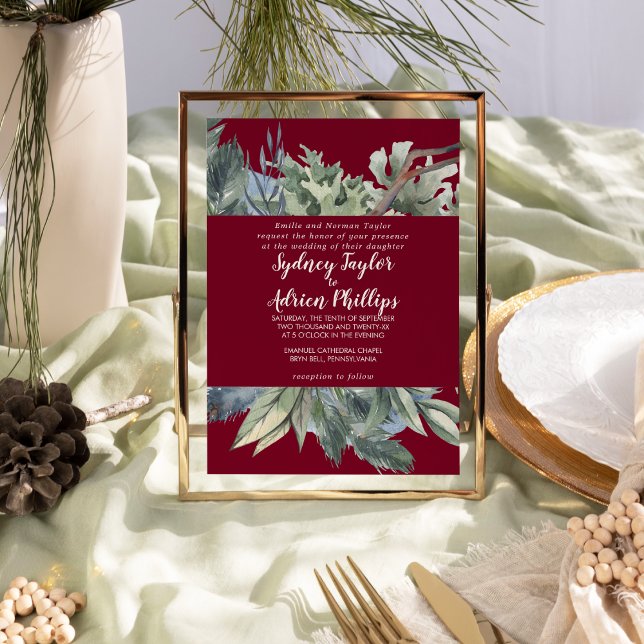 Convite Casamento Formal de Winter Greenery Burgundy (Criador carregado)