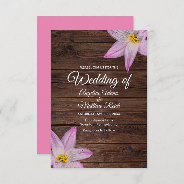 Convite Casamento Formal de Wooden Flores Românticas (Frente/Verso)