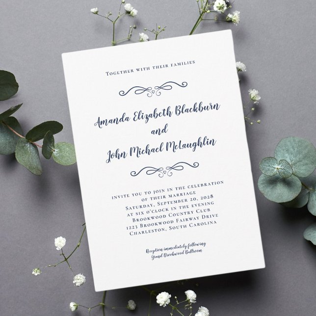 Convite Casamento Formal do Eterno Branco Elegante Azul Cl (Classic Elegant Blue White Timeless Formal Wedding Invitation)