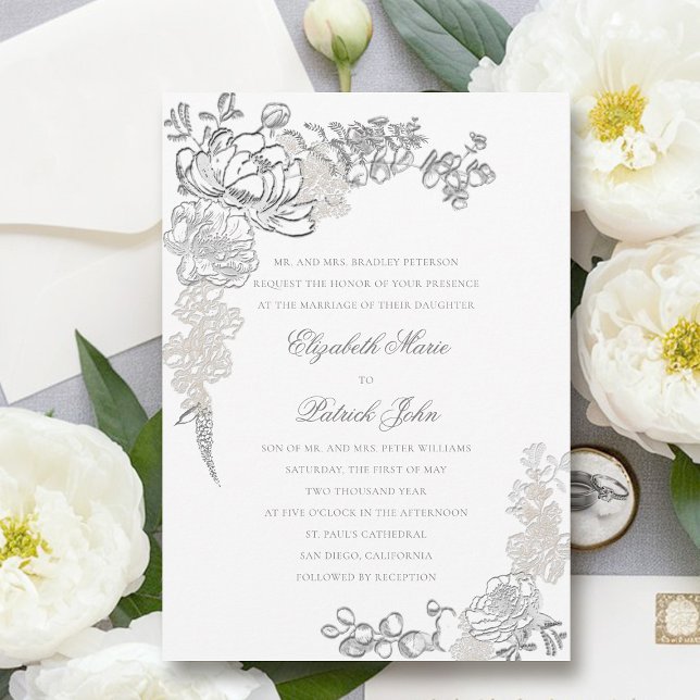 Convite Casamento Formal dos Pais Faux Embriagados (peony wedding invitation floral frame formal traditional elegant calligraphy modern classic parents)