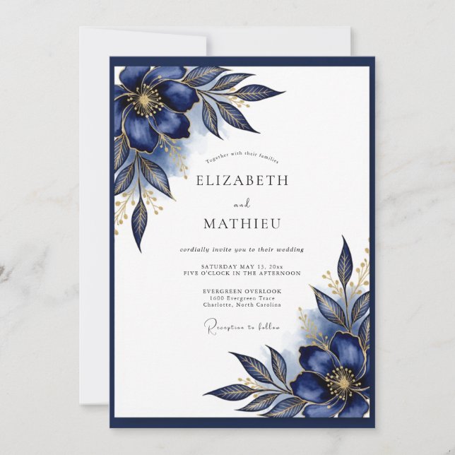 Convite Casamento Formal Dourado Azul-Marinho (Frente)