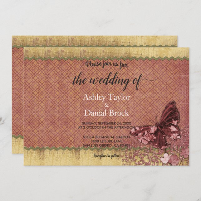 Convite Casamento Formal Dourado da Rosa Chic Burgundy (Frente/Verso)