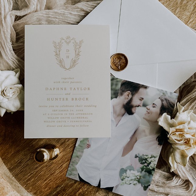 Convite Casamento Formal Dourado de Creme Clássico DAPHNE (DAPHNE Classic Cream Gold Formal Photo Wedding Invitation)