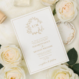 Convite Casamento Formal Dourado de Folha de Crest Monogra