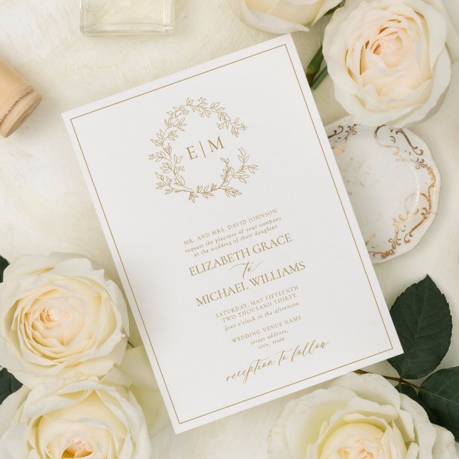 Convite Casamento Formal Dourado de Folha de Crest Monogra (Criador carregado)
