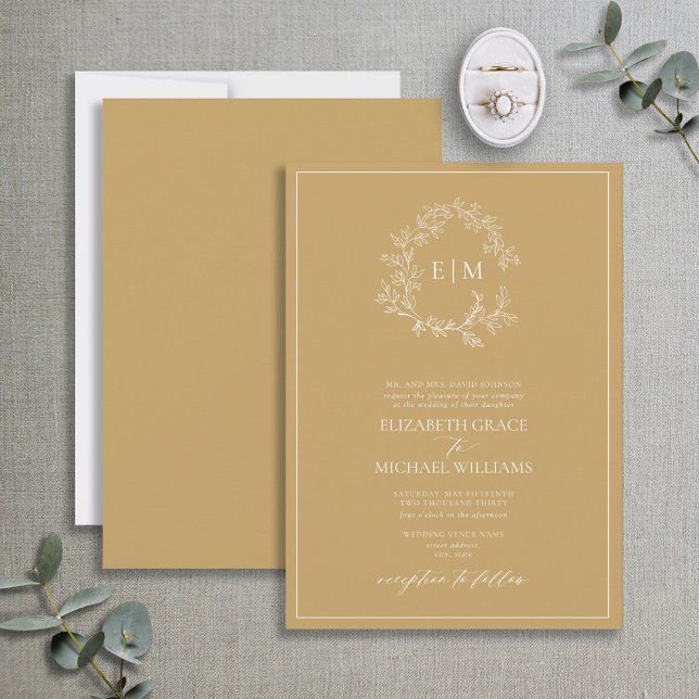 Convite Casamento Formal Dourado de Folha de Crest Monogra (Criador carregado)