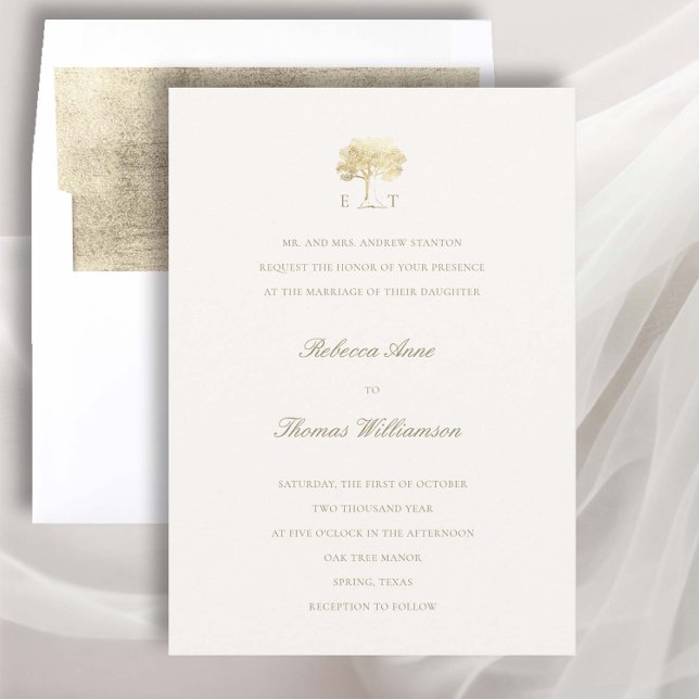 Convite Casamento Formal Dourado Formal Mighty Oak Faux (golden oak tree wedding invitation fall autumn mountain rustic formal traditional elegant classic)