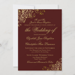 Convite Casamento Formal Elegante Auburn Brown e Dourado C