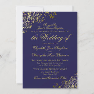 Convite Casamento Formal Elegante Azul Meia-Noite e Dourad