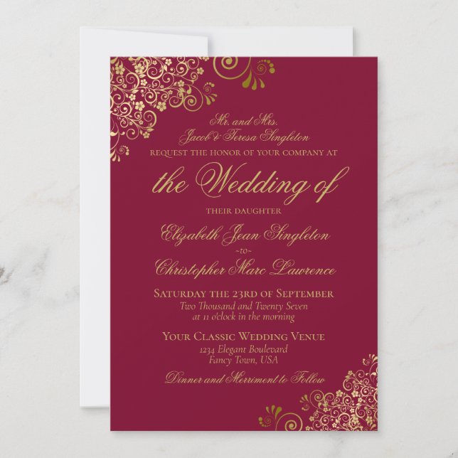 Convite Casamento Formal Elegante Burgundy & Dourado (Frente)