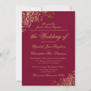 Convite Casamento Formal Elegante Burgundy & Dourado
