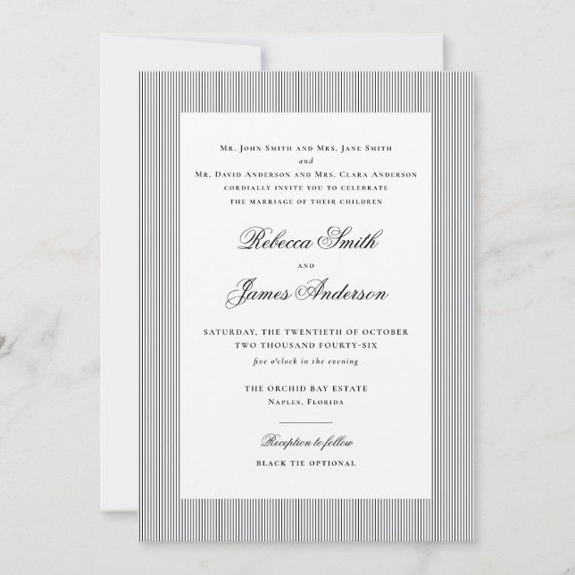Convite Casamento Formal Elegante Clássico com Listras Pre (Frente)