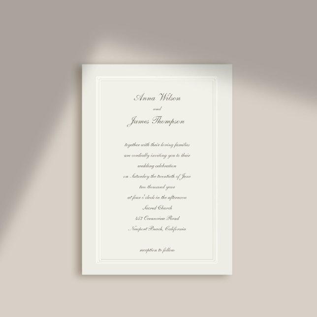 Convite Casamento Formal Elegante Clássico Moderno Ecru (formal wedding invitation modern classic ecru double frame faux embossed calligraphy elegant stately)