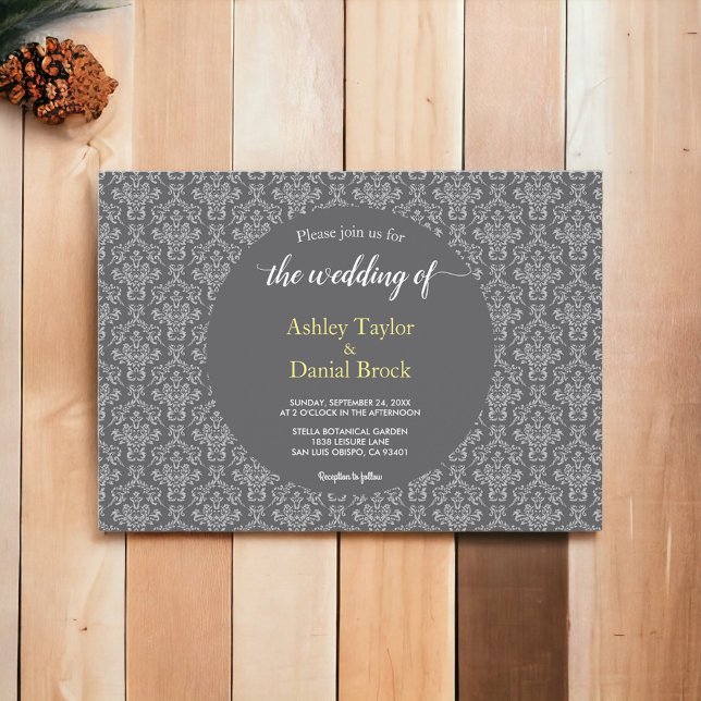 Convite Casamento Formal Elegante De Script Chic Damask (Criador carregado)