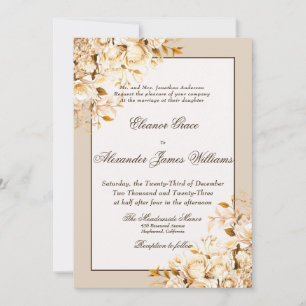 Convite Casamento Formal Elegante Dourado e Ivory Floral