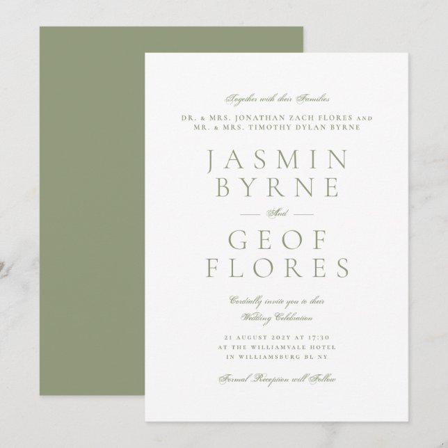 Convite Casamento Formal Elegante em Musgo Verde e Branco (Frente/Verso)