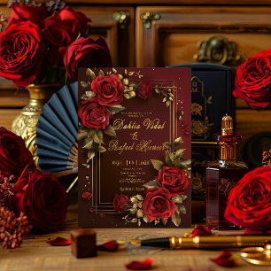 Convite Casamento Formal Elegante Escuro Burgundy e Dourad