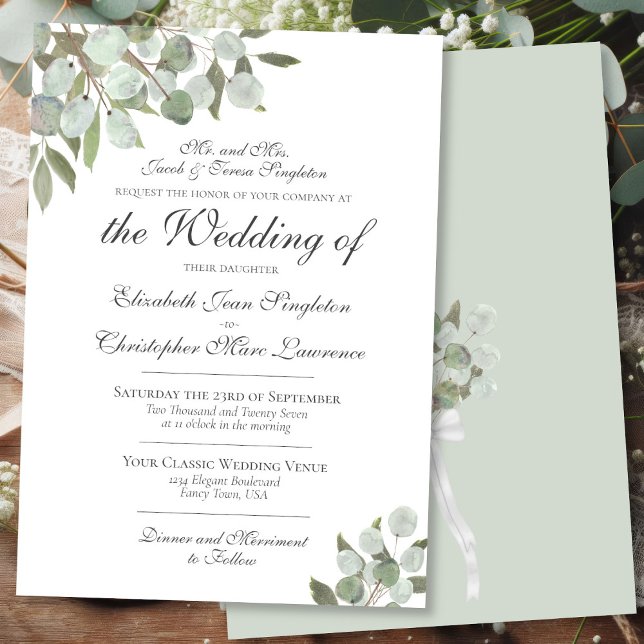 Convite Casamento Formal Elegante Eucalyptus & Greenery (Front/Back)
