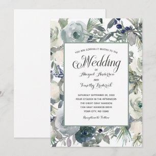Convite Casamento Formal Elegante Floral Azul Verde Branco