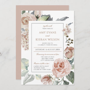 Convite Casamento Formal Elegante Floral Dusty Pink