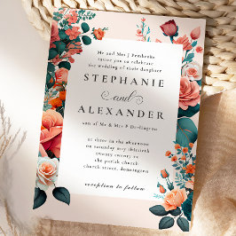Convite Casamento Formal Elegante Peach & Teal Floral