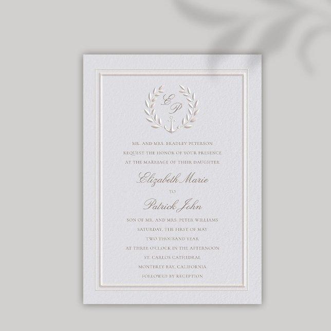Convite Casamento Formal Faux Embossed Anchor Wreath Class (nautical wedding invitation modern classic formal traditional faux embossed anchor crest monograms)