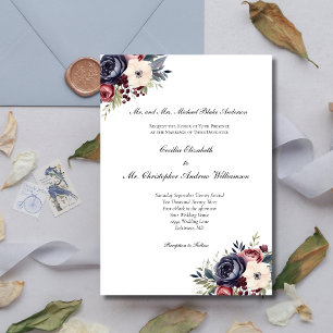 Convite Casamento Formal Floral Azul Marinho Borgonha Crem