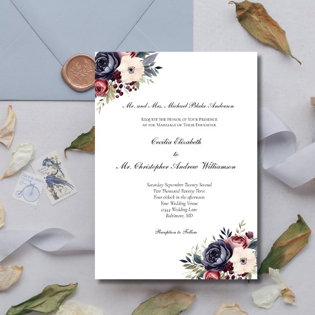 Convite Casamento Formal Floral Azul Marinho Borgonha Crem (Burgundy Navy Blue Cream Watercolor Floral Formal Traditional Classic Wedding Invitation)