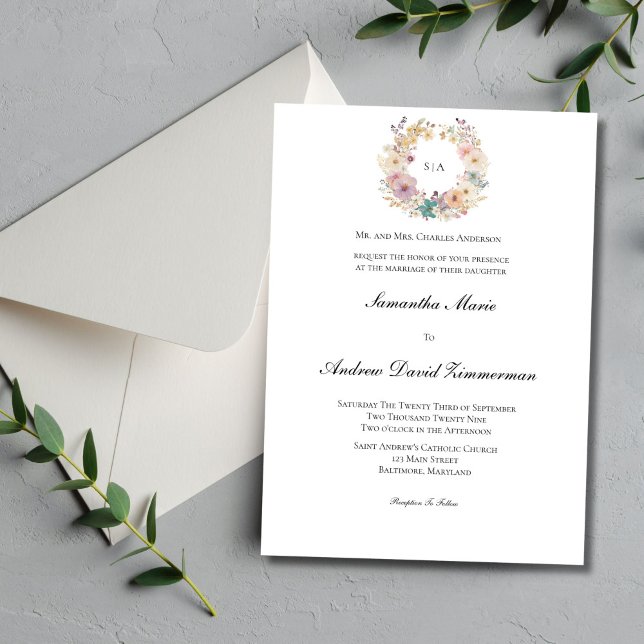 Convite Casamento Formal Floral Monograma Tradicional (Pastel Floral Wreath Monogram Wedding Invitation. Traditional Formal elegant minimalist. Printed )