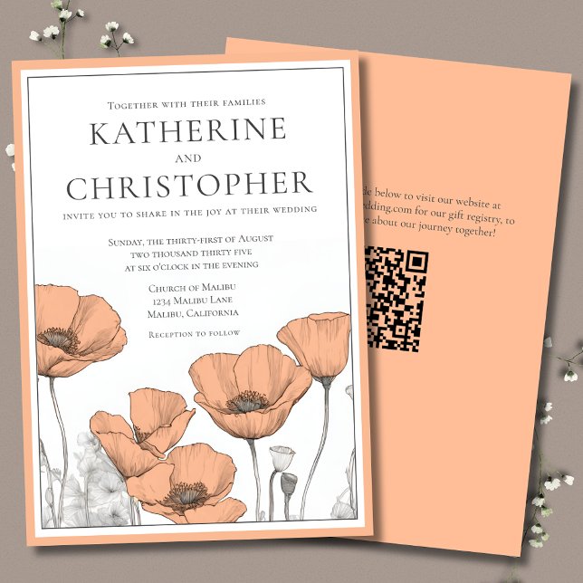 Convite Casamento Formal Formal Moderno Elegante (Peach Poppies Formal Elegant Floral Wedding Invitations with California Poppies and website QR Code.)