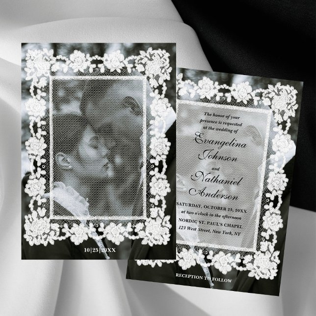 Convite Casamento Formal Foto Quadro de Renda Atemporal (Criador carregado)