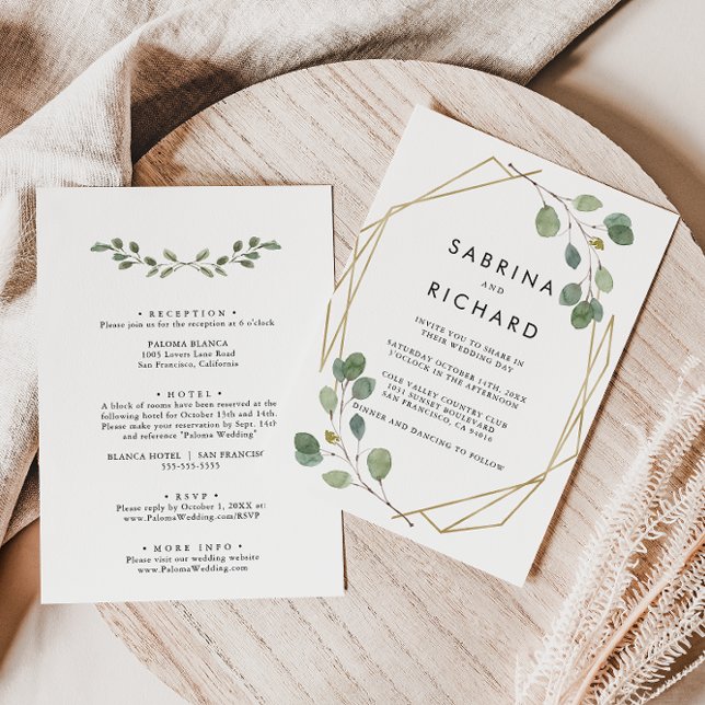 Convite Casamento Formal Geométrico Dourado Verde para Trá (Criador carregado)