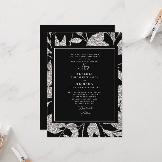 Convite Casamento Formal Glamouroso Preto e Prata (Frente/Verso In Situ)